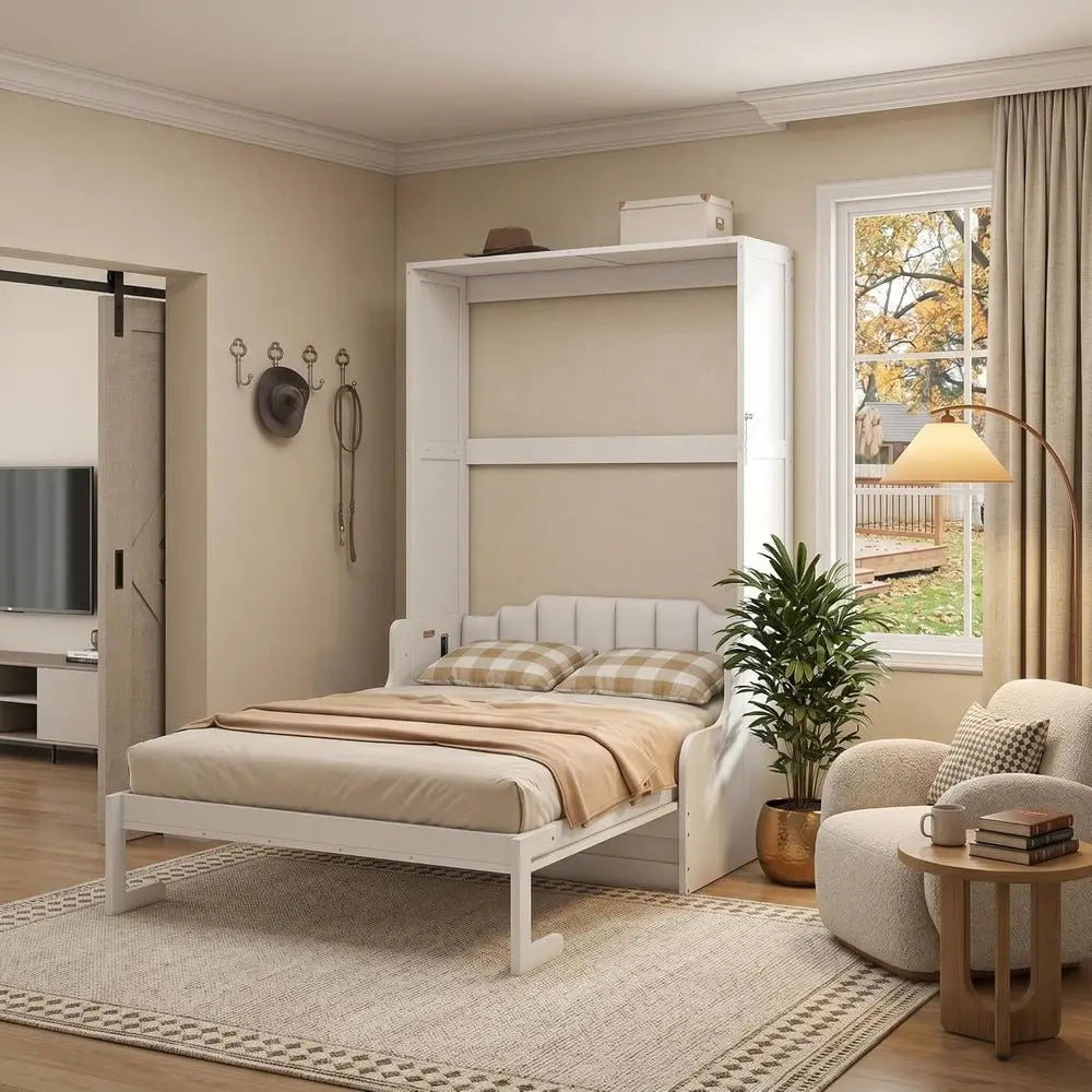 Wooden Murphy Wall Bed With Sofa And Cushioned Seating