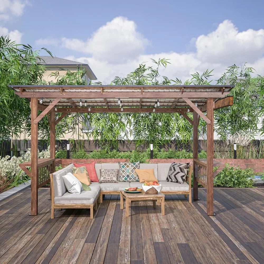 Wooden Pergola Gazebo With Metal Roof And Bar Counters