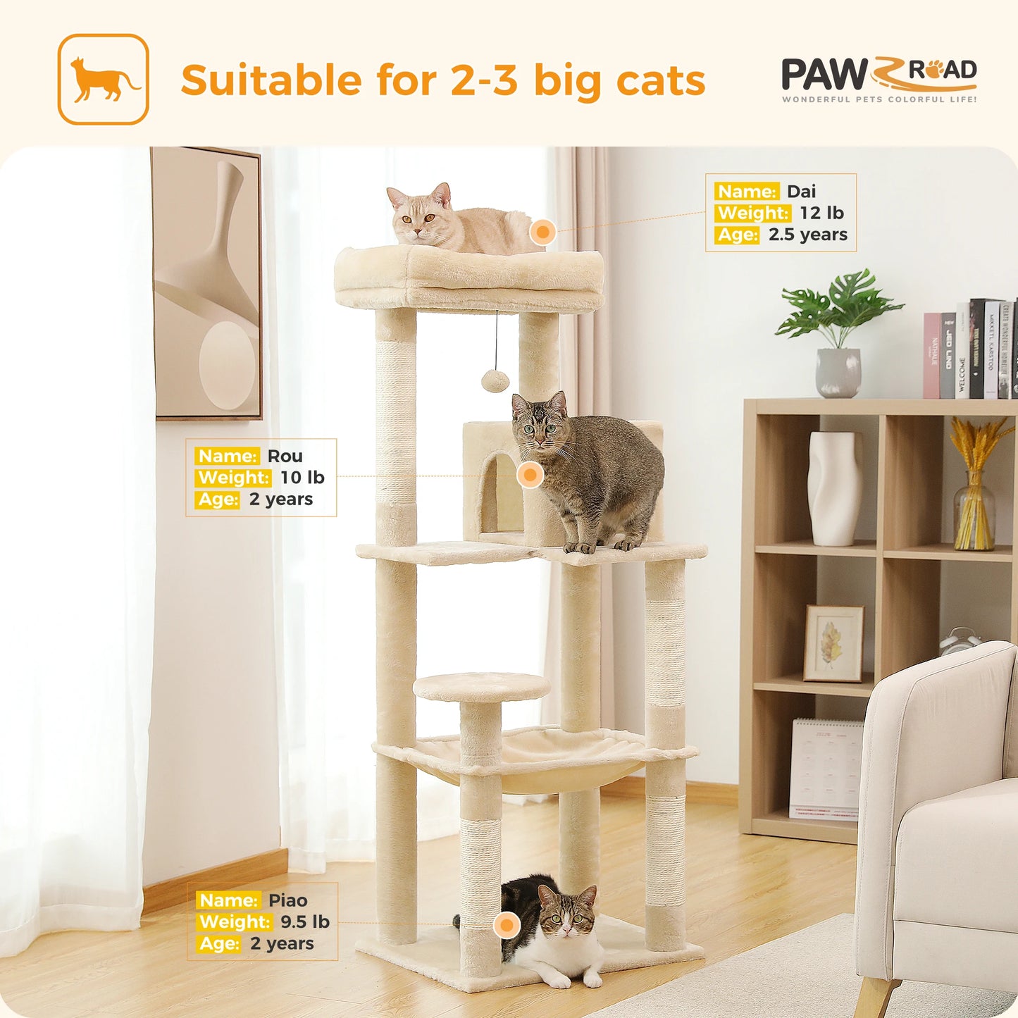 PAWZ Road Indoor Cat Tree With Hammock And Sisal Posts