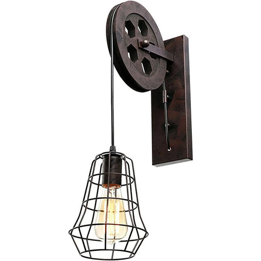 Bymaocar Industrial Wall Sconce Lights Lift Pulley Iron Cage