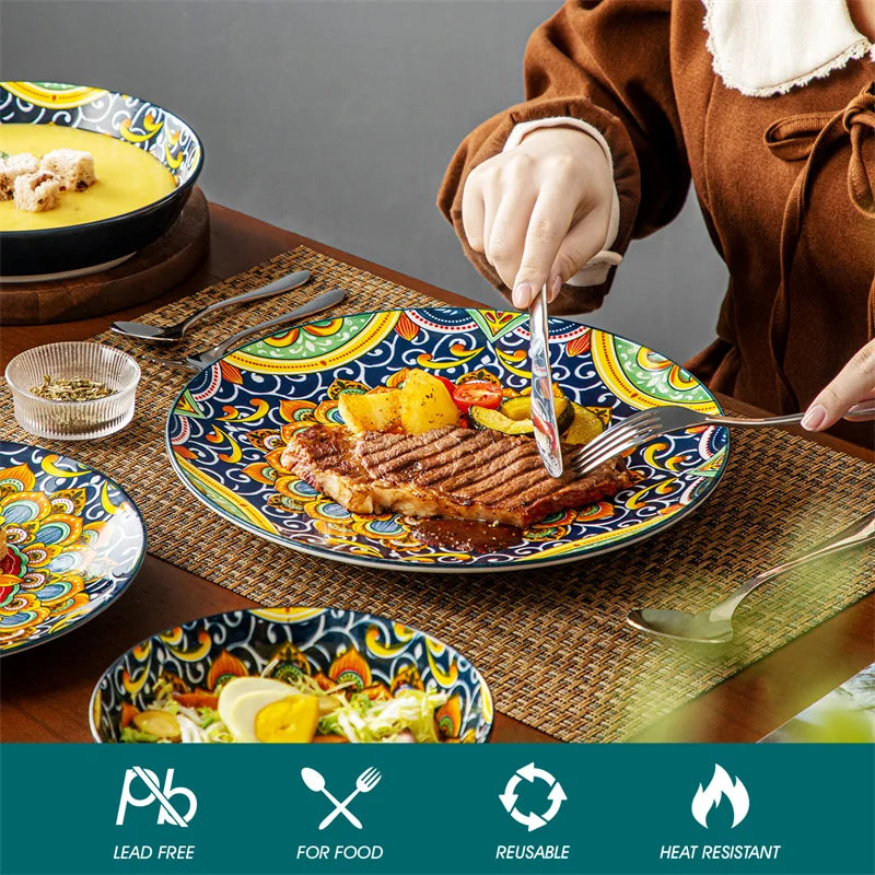 Retro 24-Piece Ceramic Dinnerware Set With Plates And Bowls
