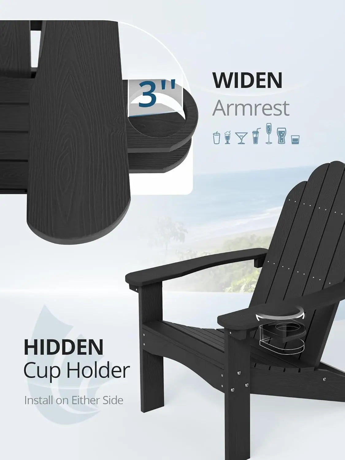 Adirondack Chairs Set of 4 Weather Resistant Outdoor Cup Holder