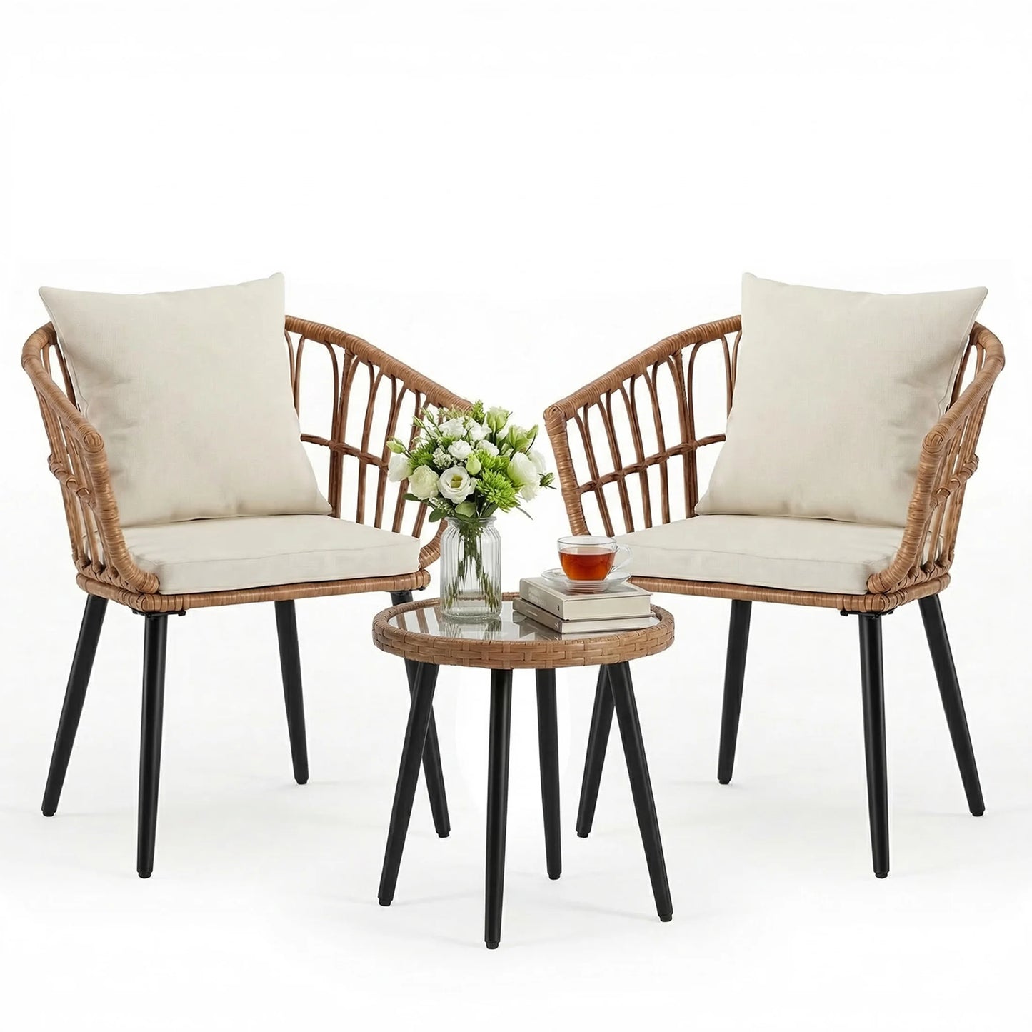 JHK Wicker Outdoor Patio Set With Cushions And Glass Table