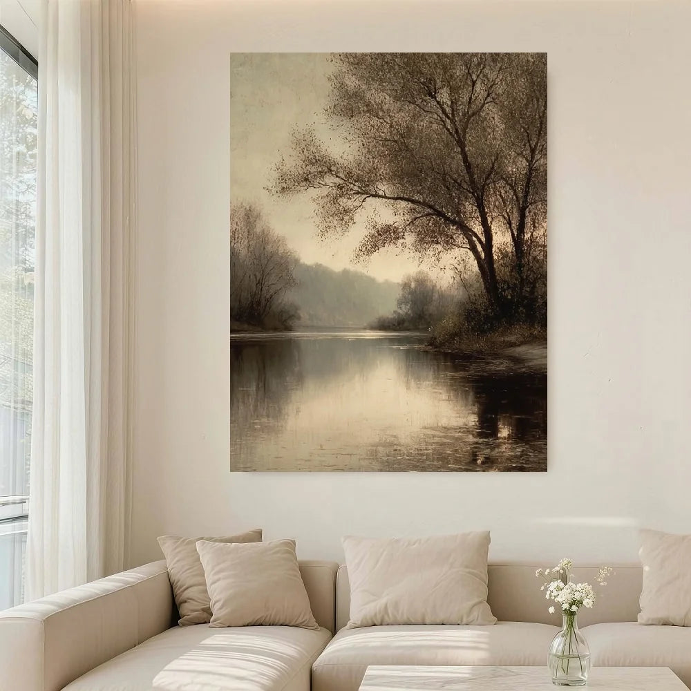 Framed Vintage Moody River Tree Landscape Canvas Wall Art