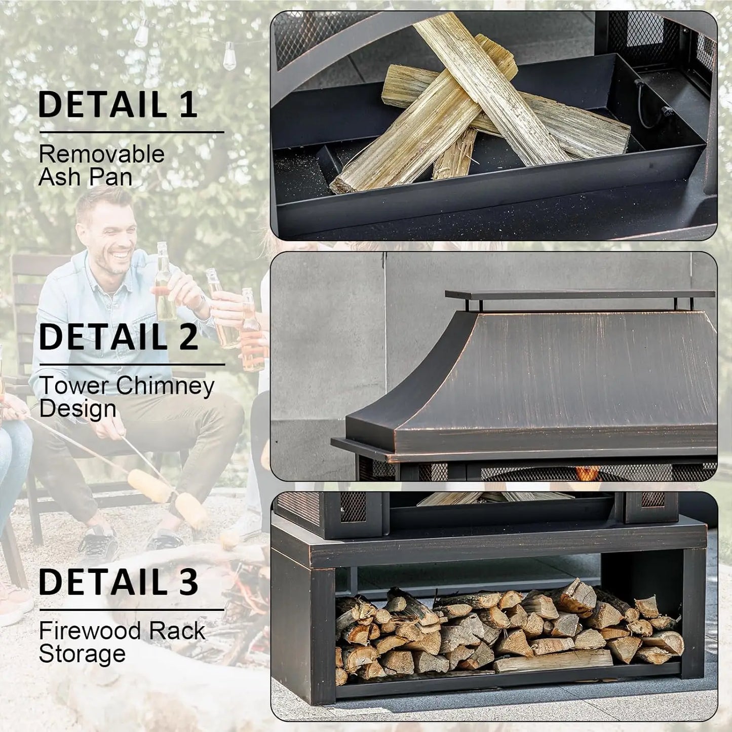 Outdoor Wood Burning Fire Pit With Wood Storage And Chimney