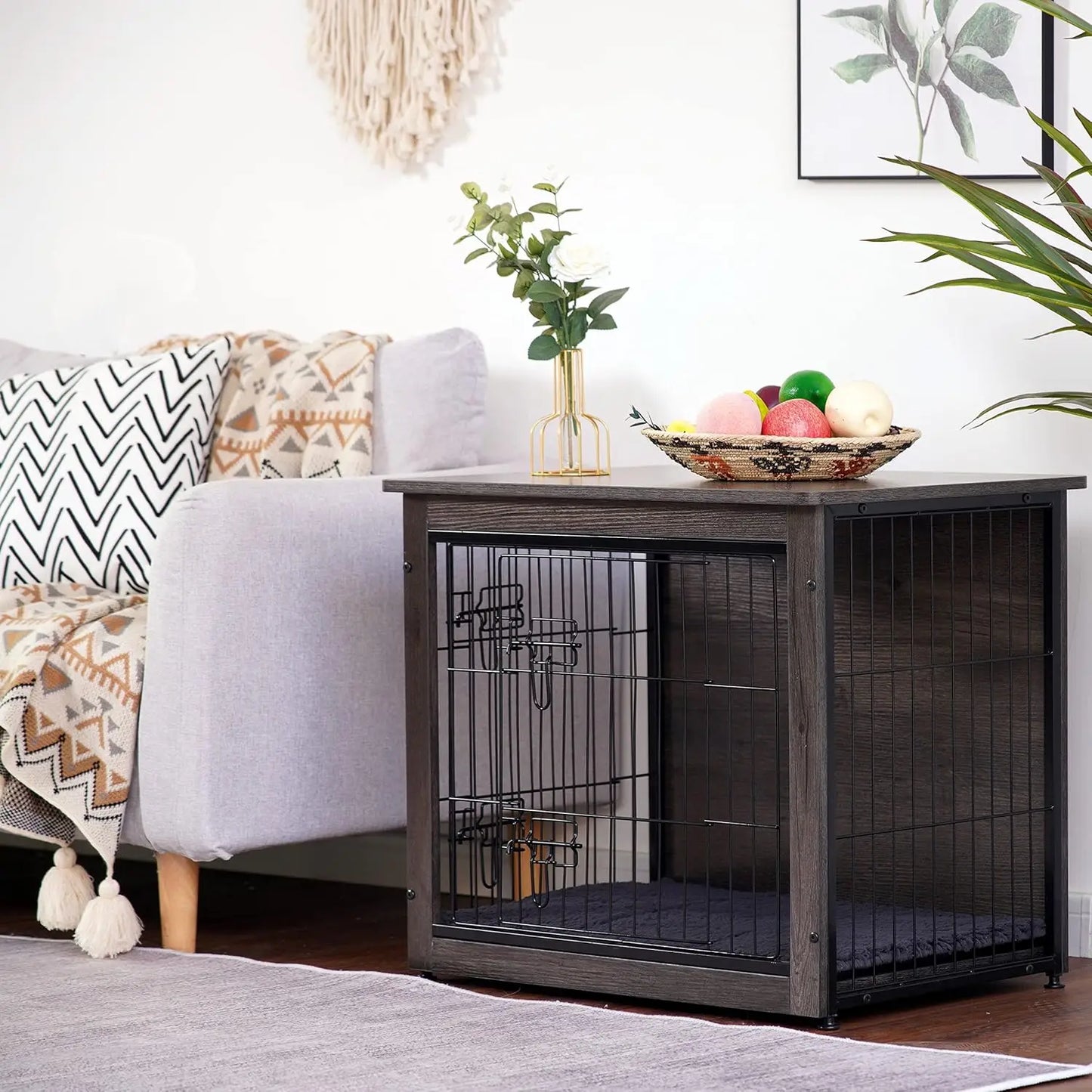 Wooden Dog Crate Furniture With Cushion And Double Doors
