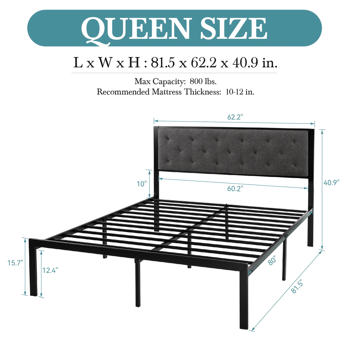 Hoomic Metal Bed Frame With Upholstered Stitched Linen Headboard