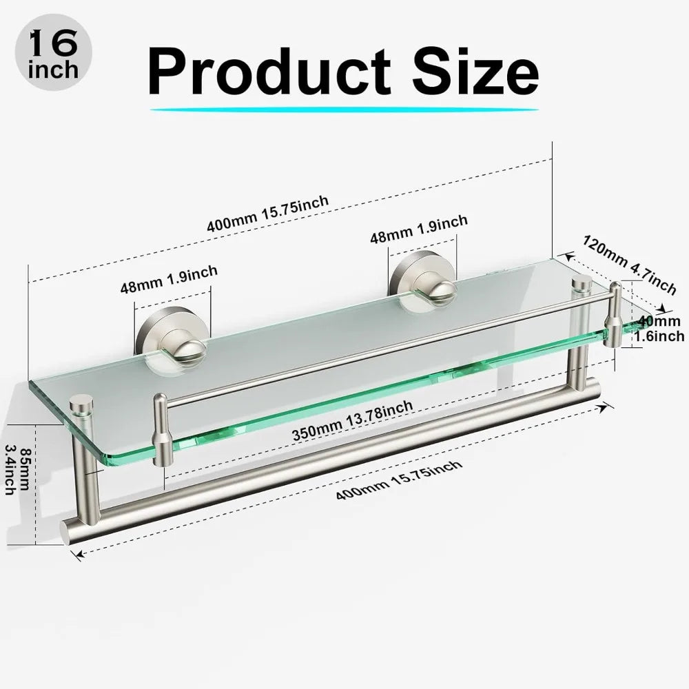 Glass Bathroom Shelf With Towel Bar In Brushed Nickel Finish