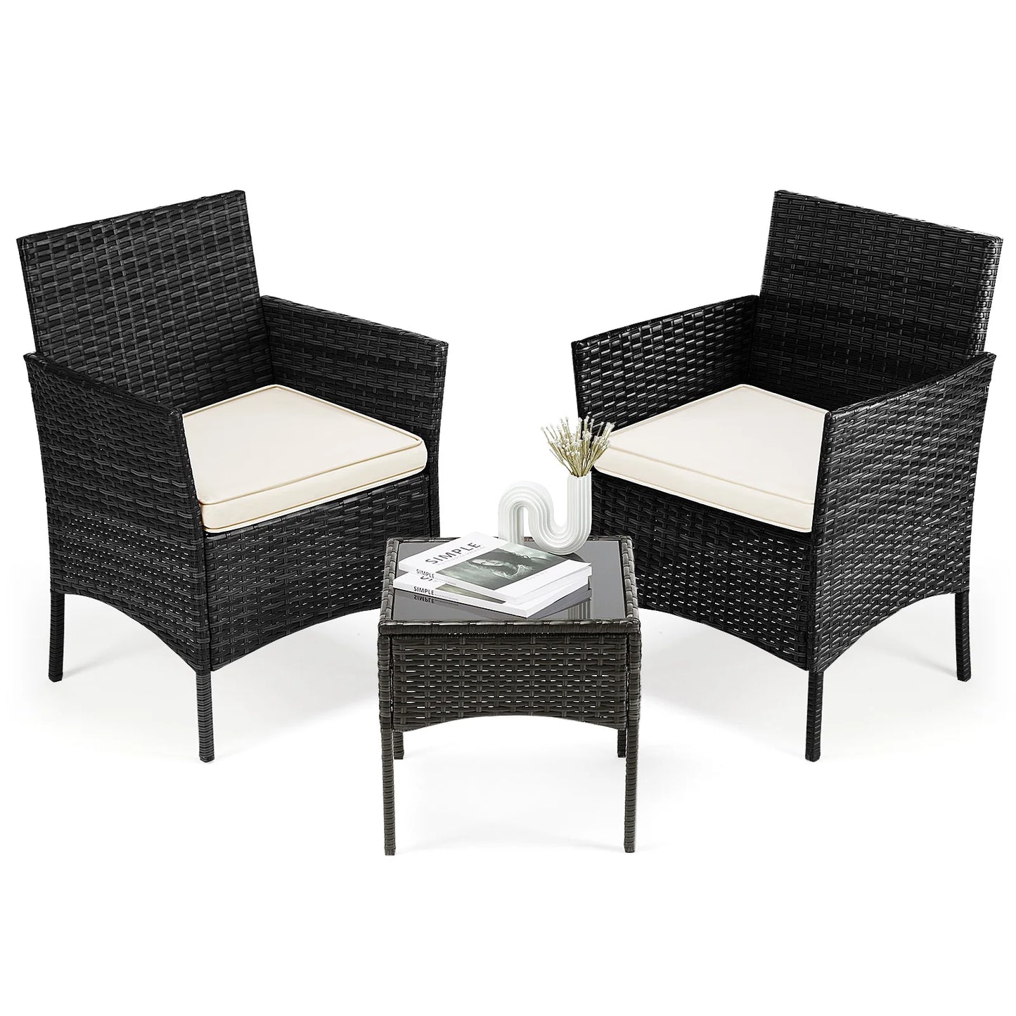 3 Piece Outdoor Patio Set Wicker Rattan Chairs With Glass Table