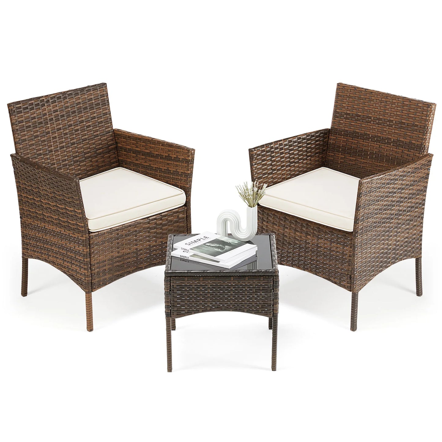 3 Piece Outdoor Patio Set Wicker Rattan Chairs With Glass Table