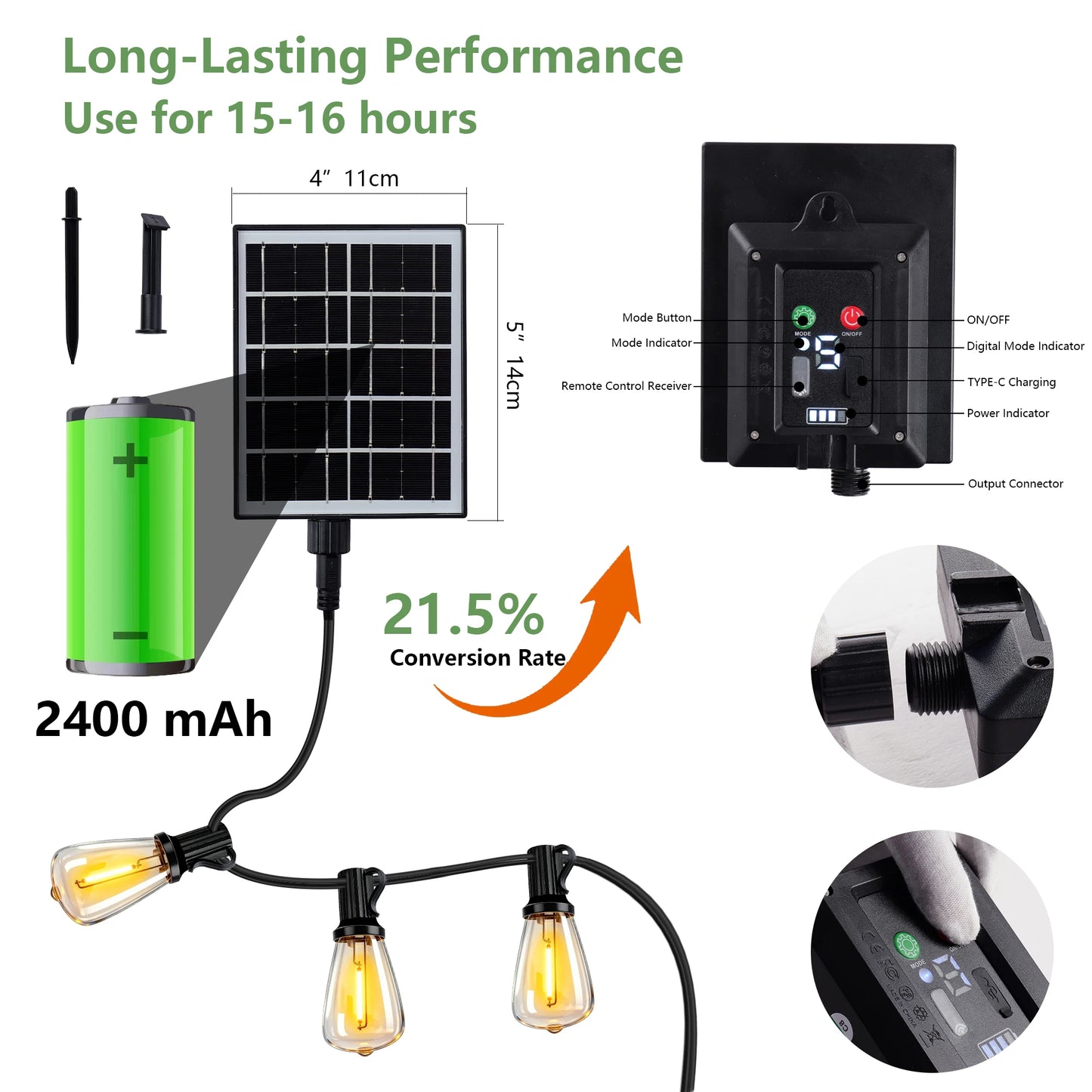 ARLGSITE Solar Outdoor String Lights IP65 Waterproof With Remote Dimming