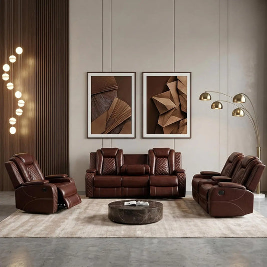 Power Leather Recliner Sofa Set With LED And USB Charging