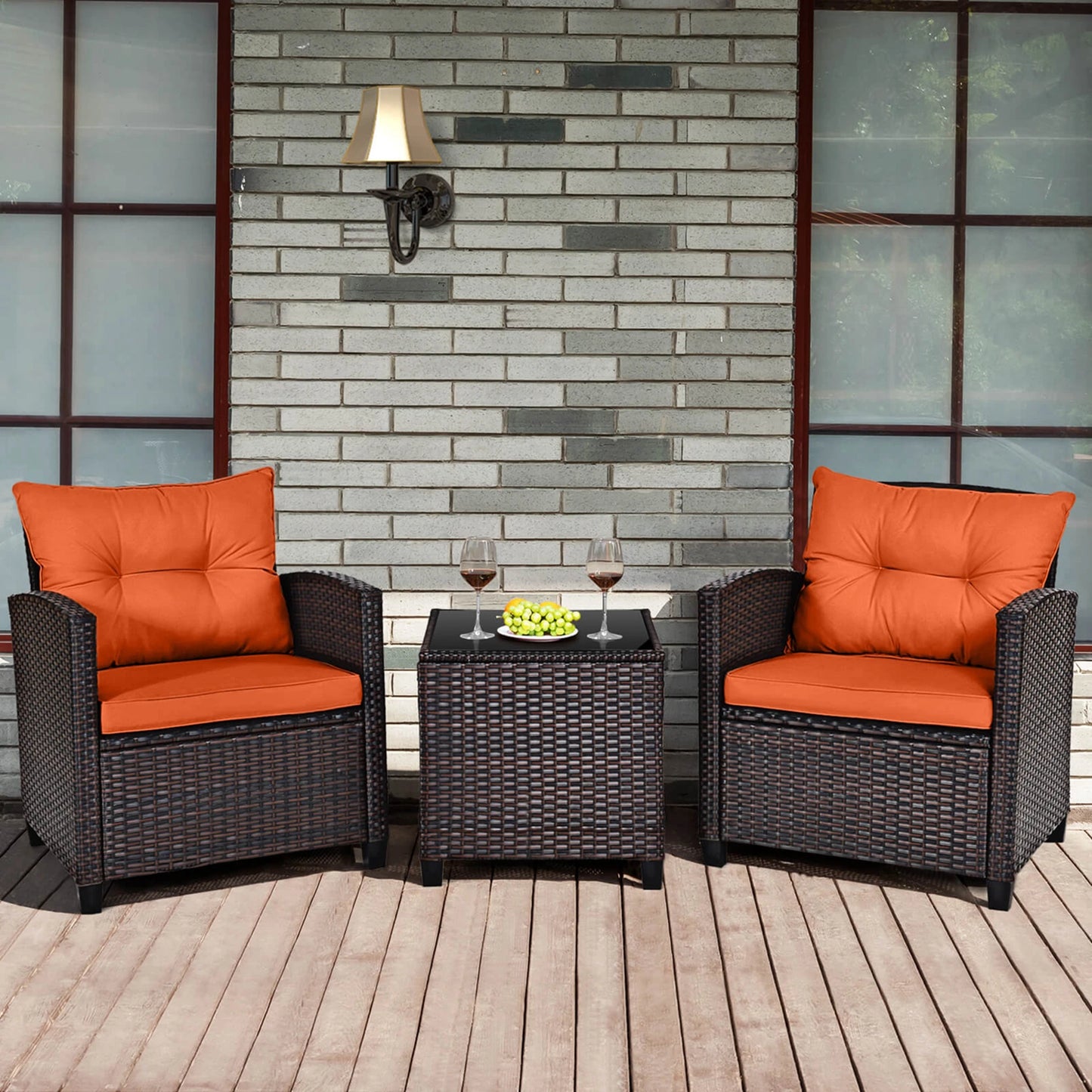 HOMASIS 3 Piece Outdoor Rattan Conversation Set Cushioned