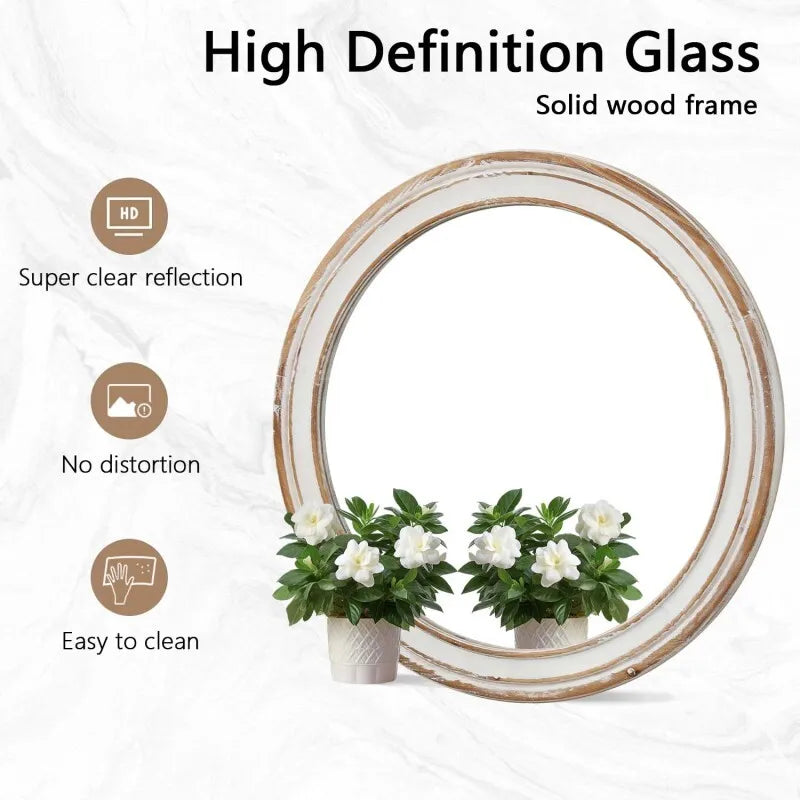 Round Wall Mirror Farmhouse Wood Circle For Bathroom And Hallway