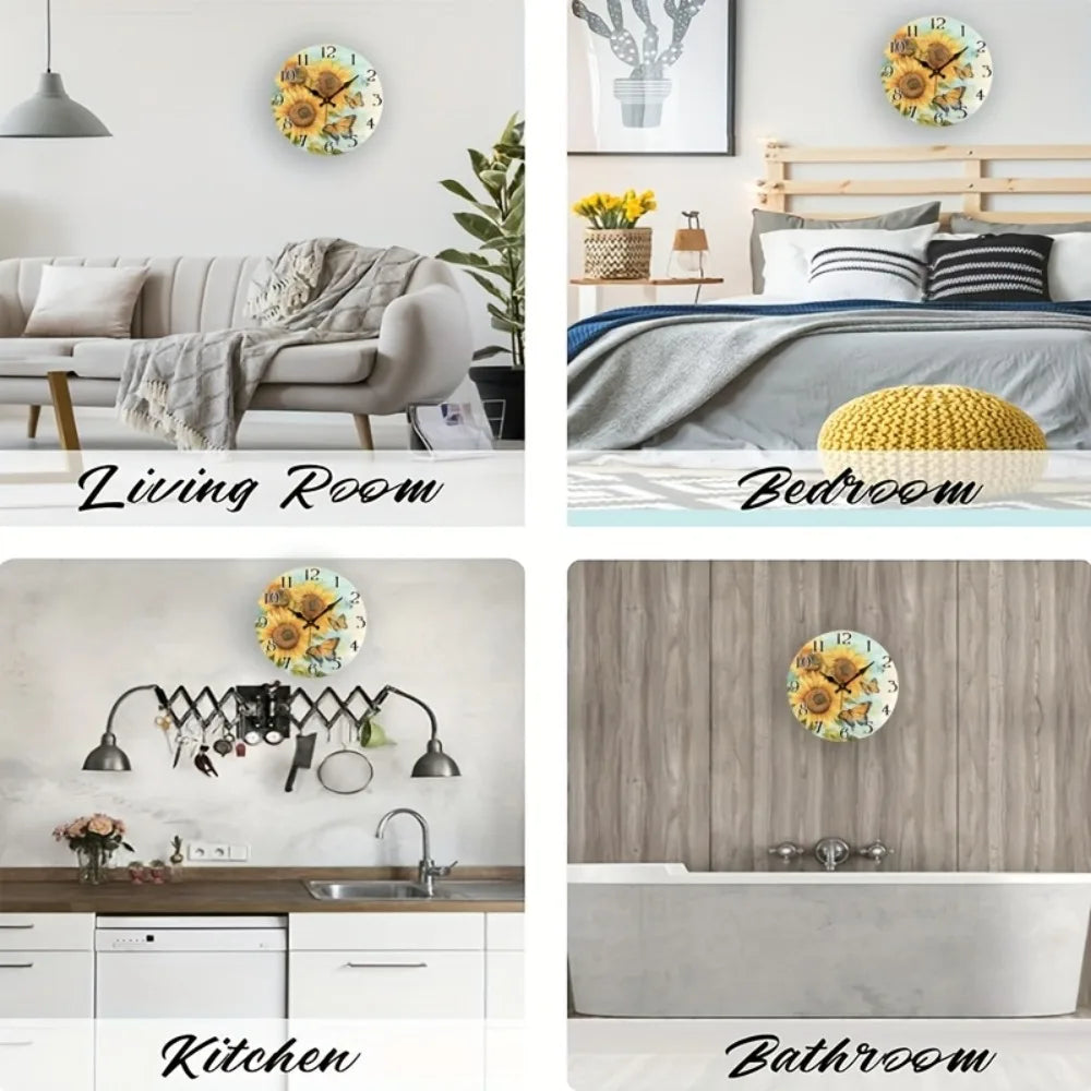 Jfht Wooden Silent Wall Clock With Sunflower Design For Home