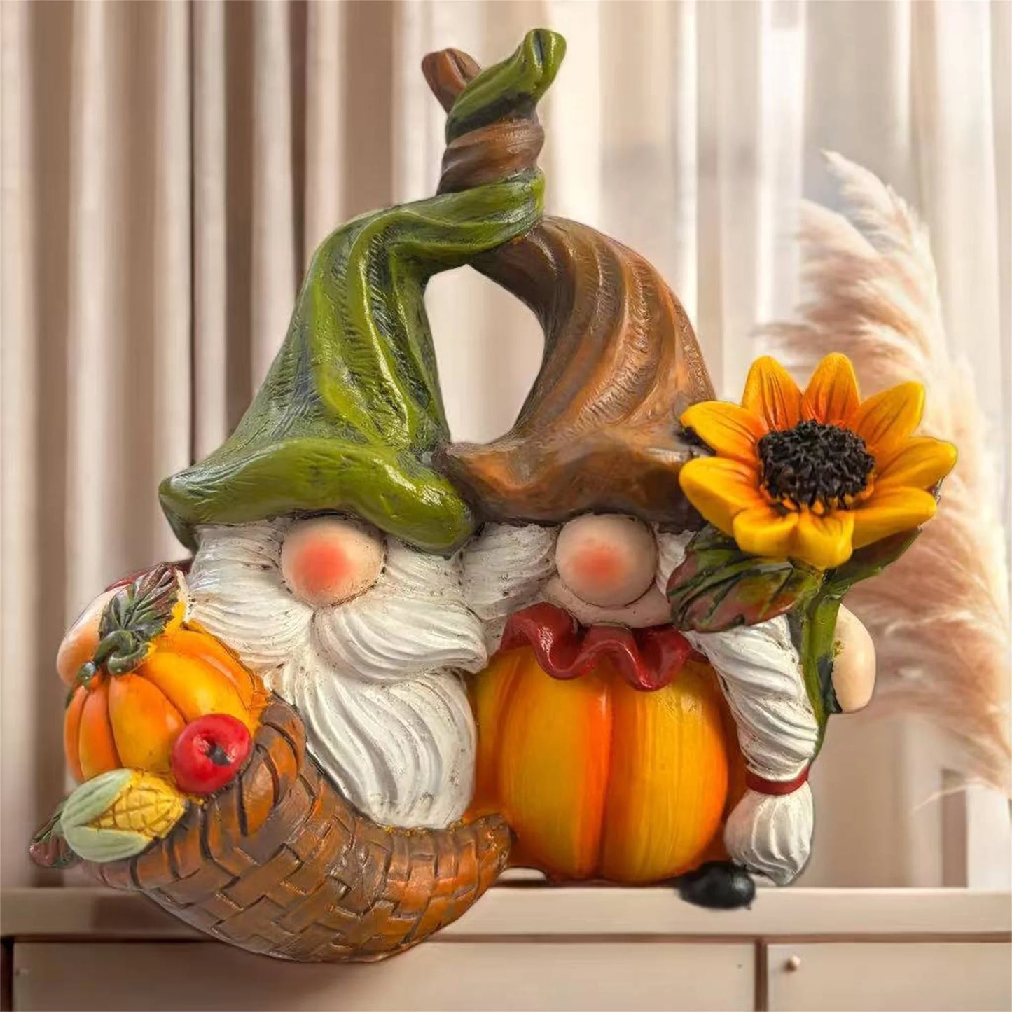 Autumn Harvest Gnome Figurines With Sunflower And Pumpkin Accents