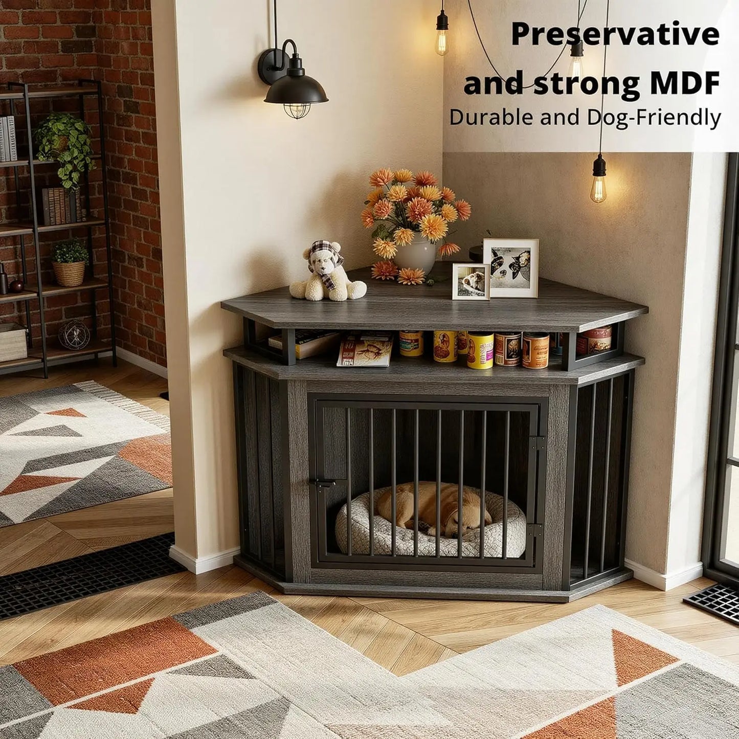 Corner Dog Crate With Two-Tier Shelves For Indoor Use