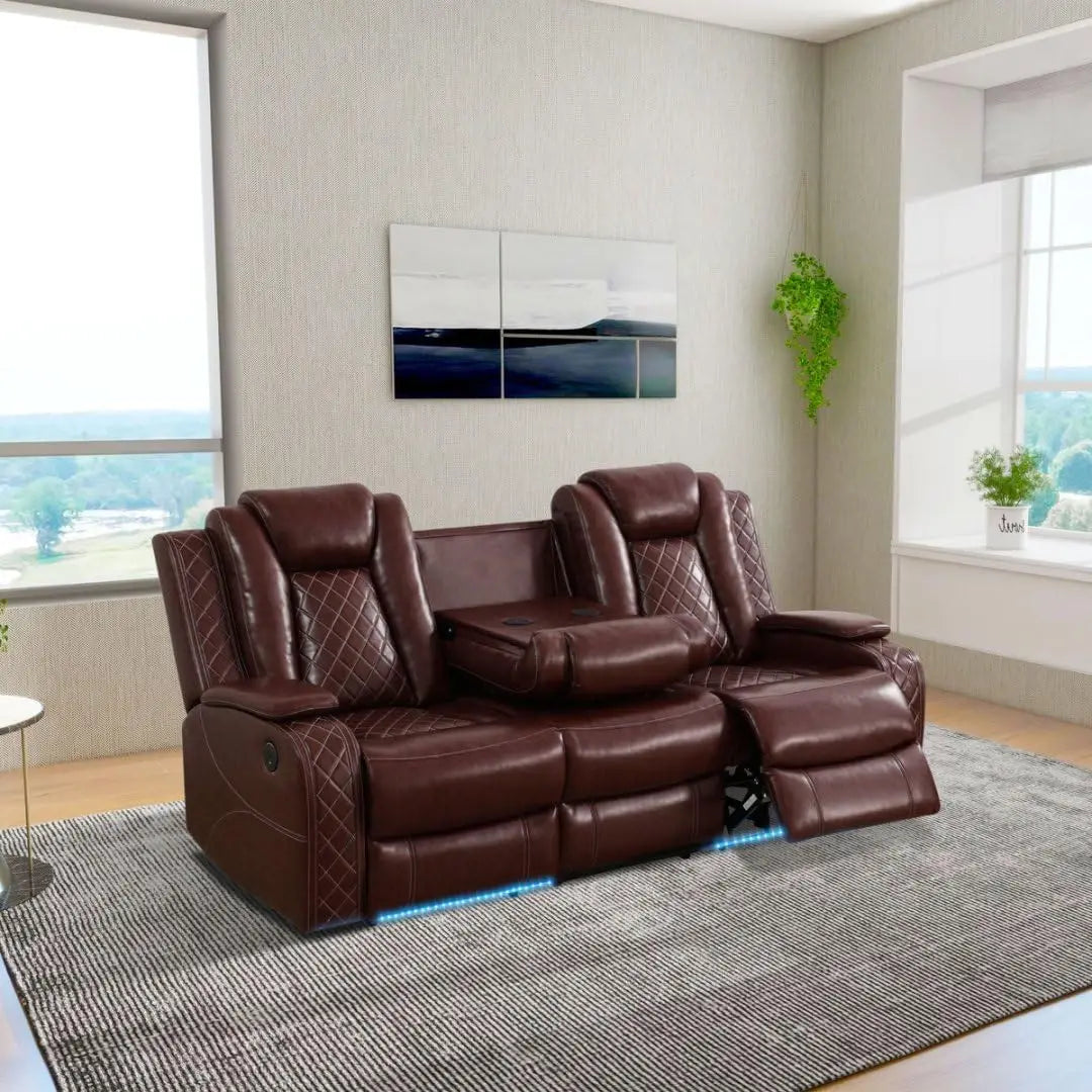 Power Leather Recliner Sofa Set With LED And USB Charging
