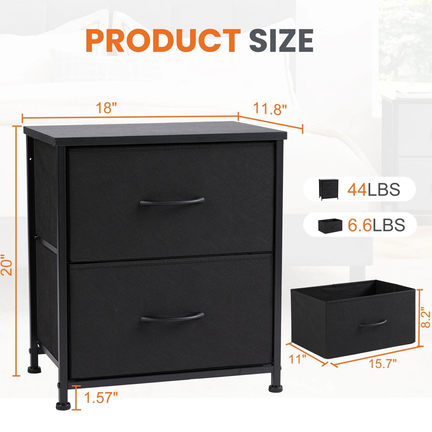 JHK Modern Nightstand With Dual Fabric Drawers And Metal Frame