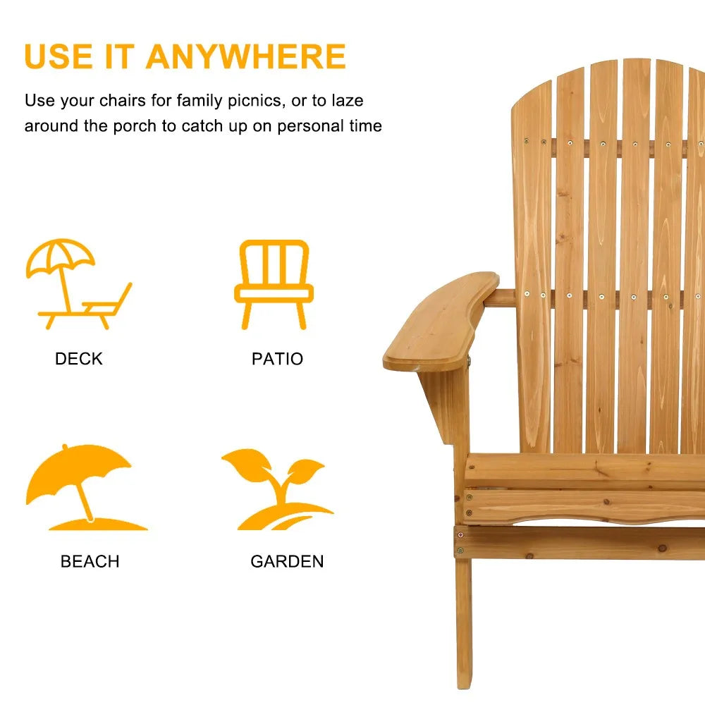 Two Adirondack Outdoor Wood Lounge Chairs Folding Patio Furniture