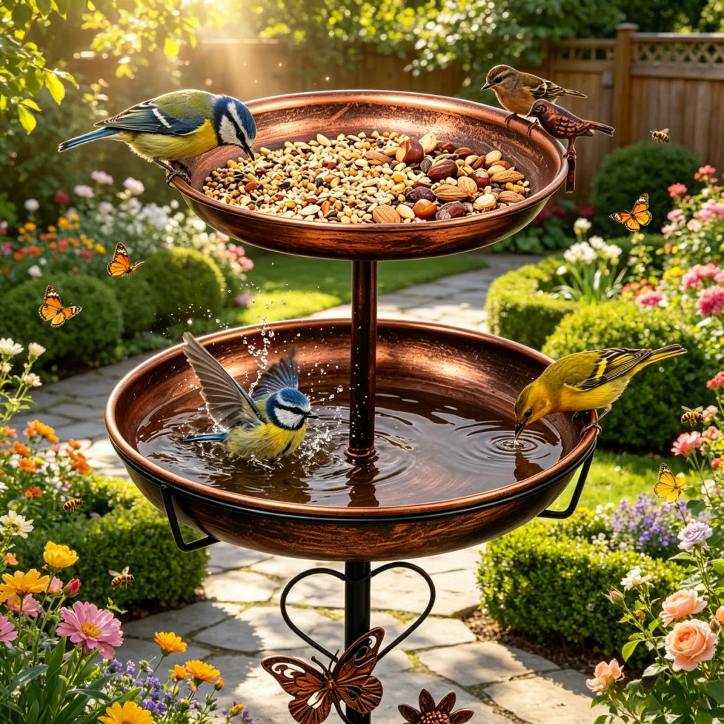 Outdoor Double Layer Bird Feeder and Bird Bath Stand