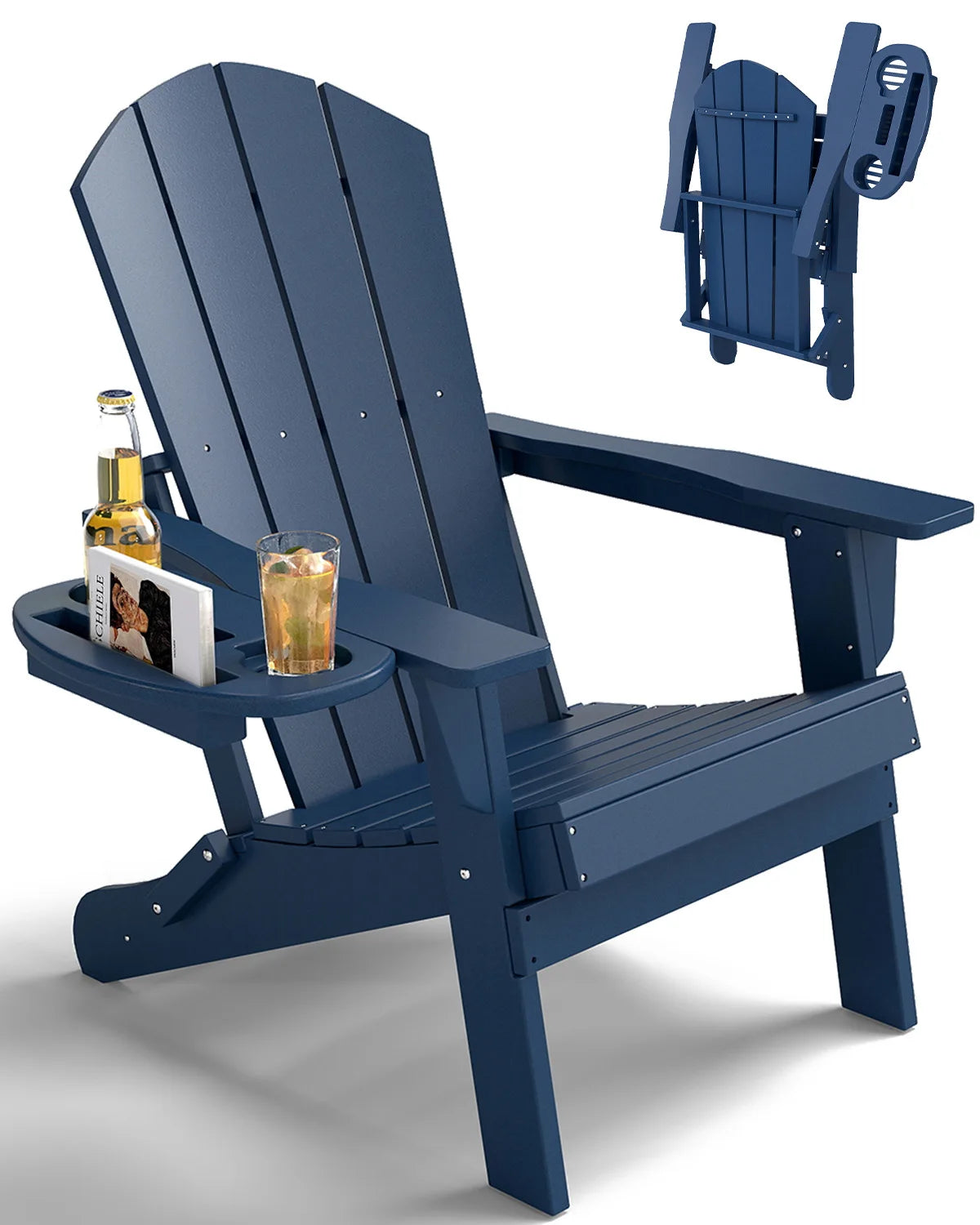 FOOWIN Folding Adirondack Chair Weather Resistant HDPE With Cup Holder
