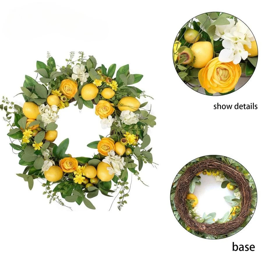 Artificial Lemon Wreath With Peony Hydrangea Berries Grapevine