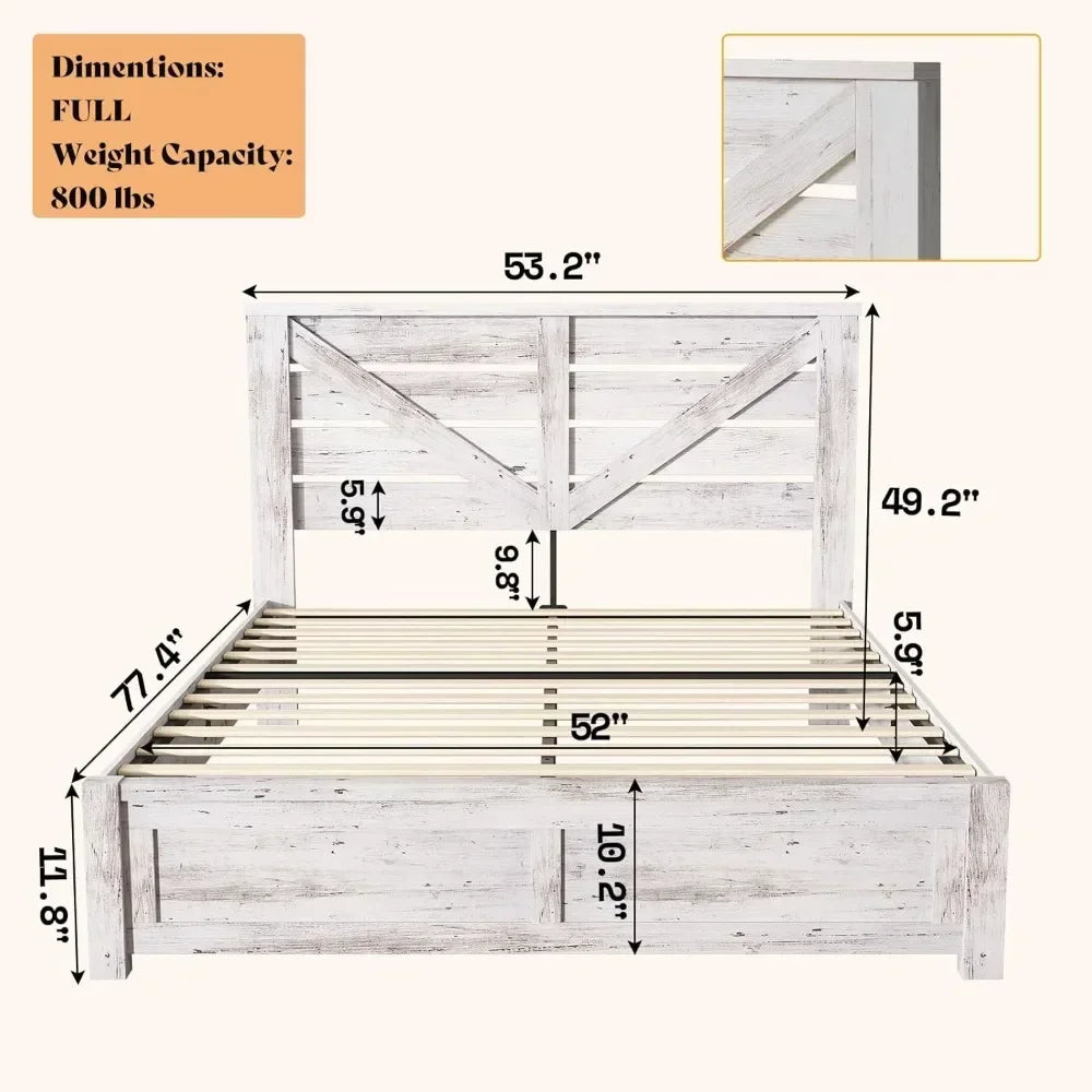 Farmhouse Bed Frame With Barn Door Headboard And Wood Slats