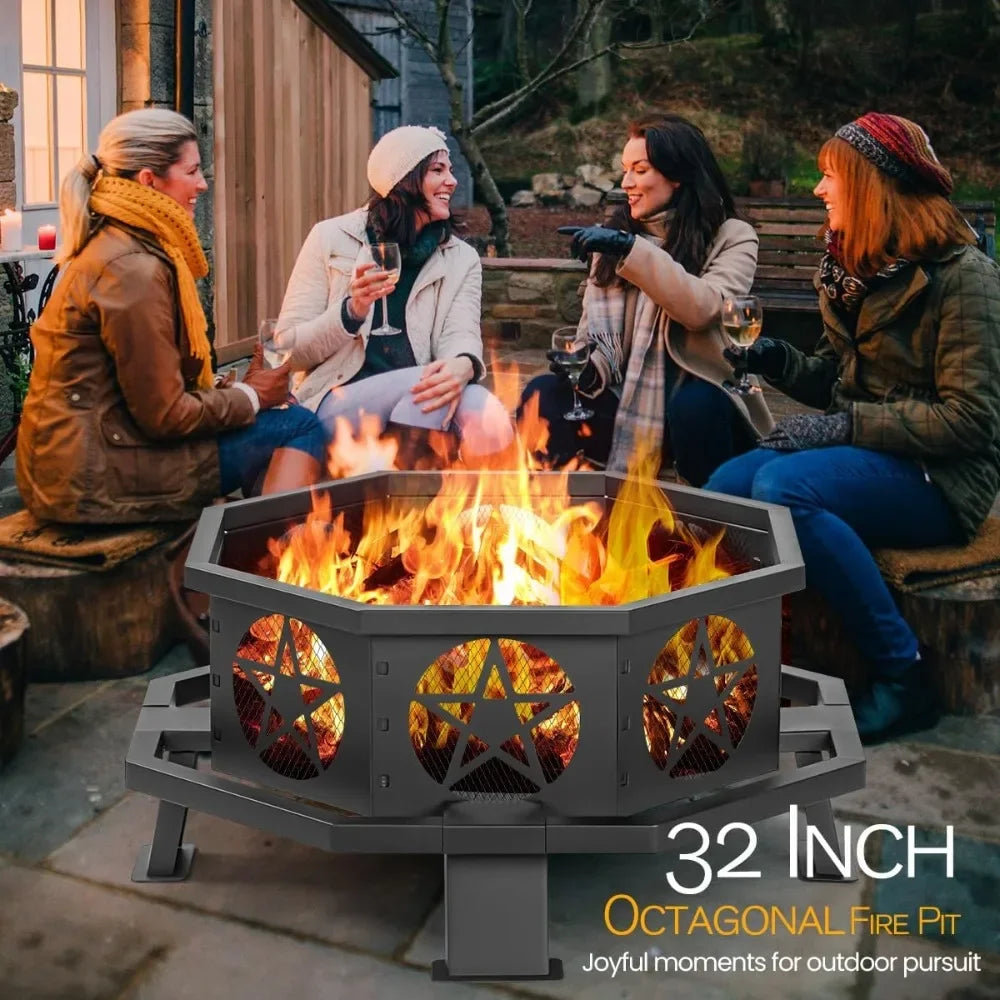 Octagonal Wood Burning Fire Pit For Patio And Outdoor Gatherings