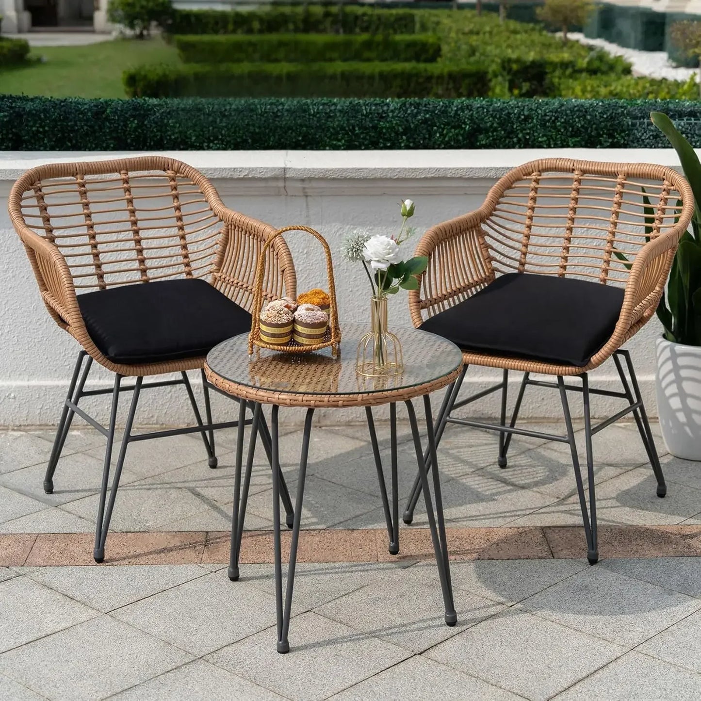 Outdoor Wicker Bistro Set With Glass Table And Two Chairs