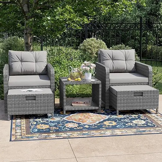 5 Piece Patio Conversation Set PE Wicker With Glass Table