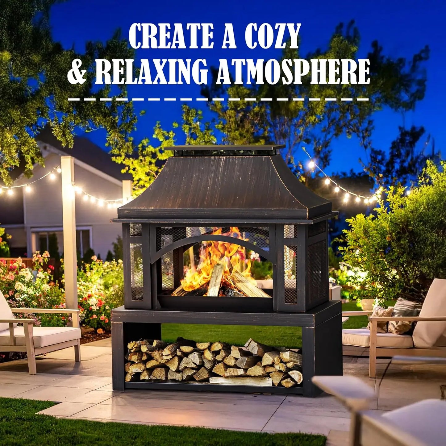 Outdoor Wood Burning Fire Pit With Wood Storage And Chimney