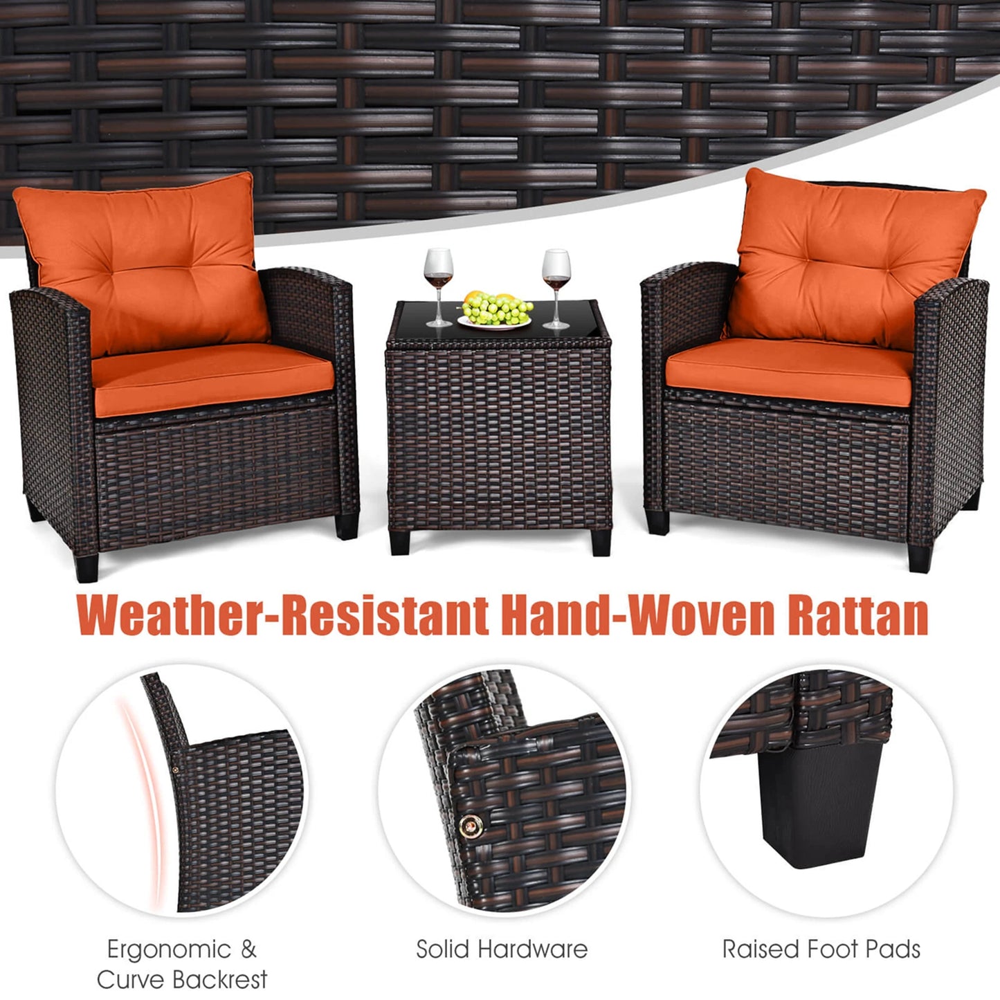 HOMASIS 3 Piece Outdoor Rattan Conversation Set Cushioned