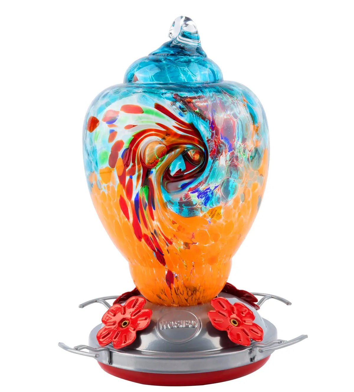 Hand Blown Glass Hummingbird Feeder With Ant Moat For Gardens
