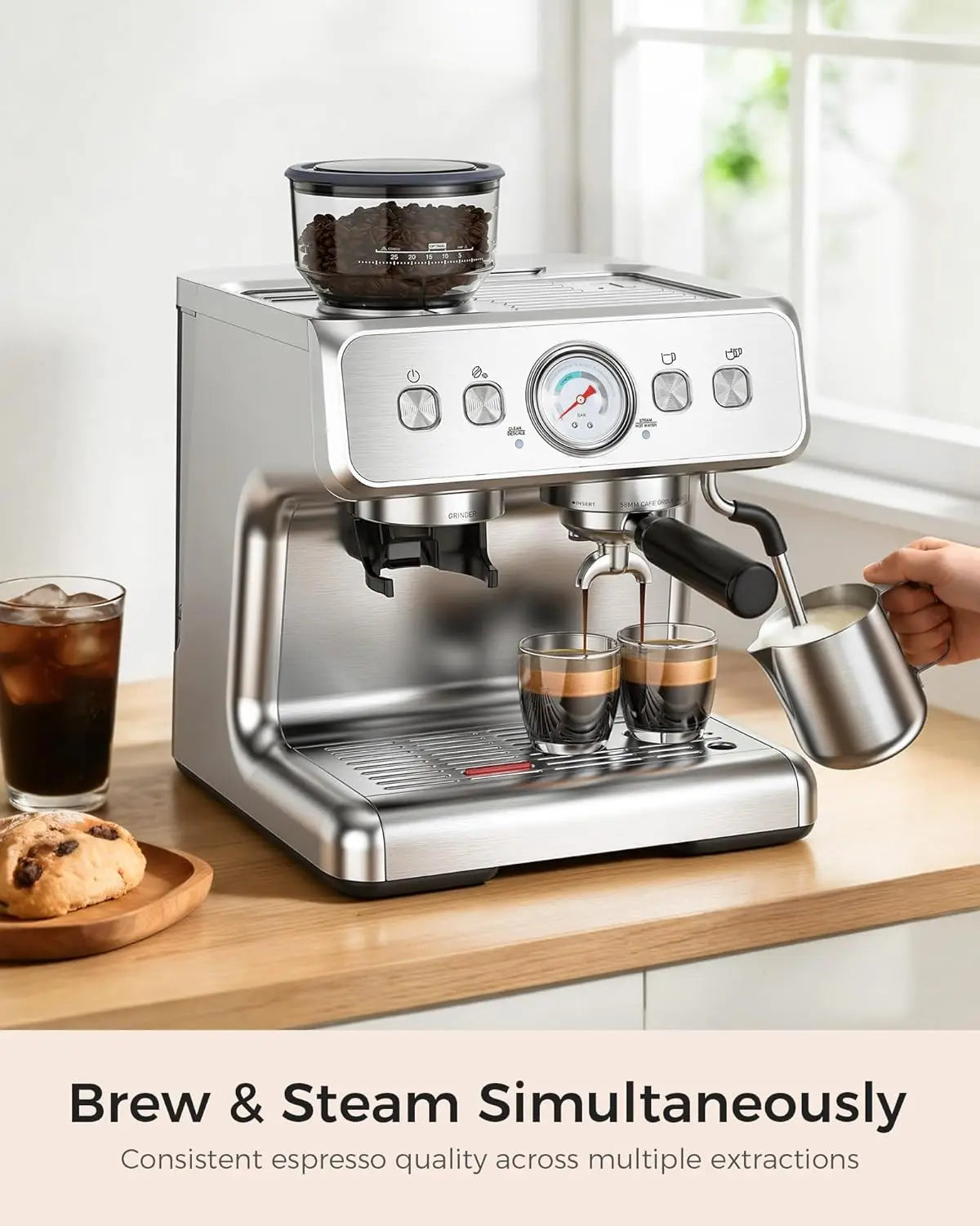Dual Boiler Espresso Machine With Grinder 20 Bar Professional