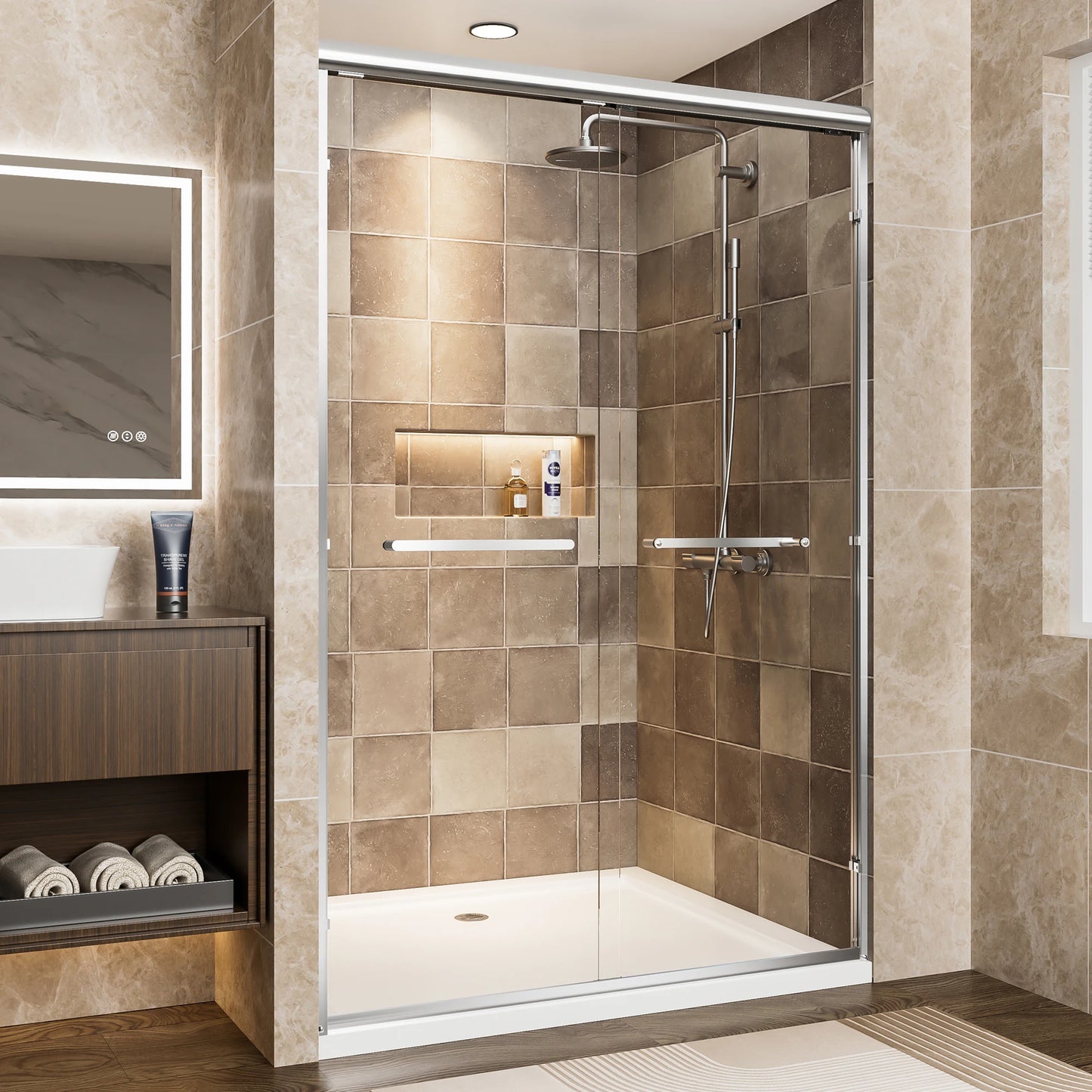 Chrome Aluminum Frame Sliding Shower Door With 6mm Tempered Glass