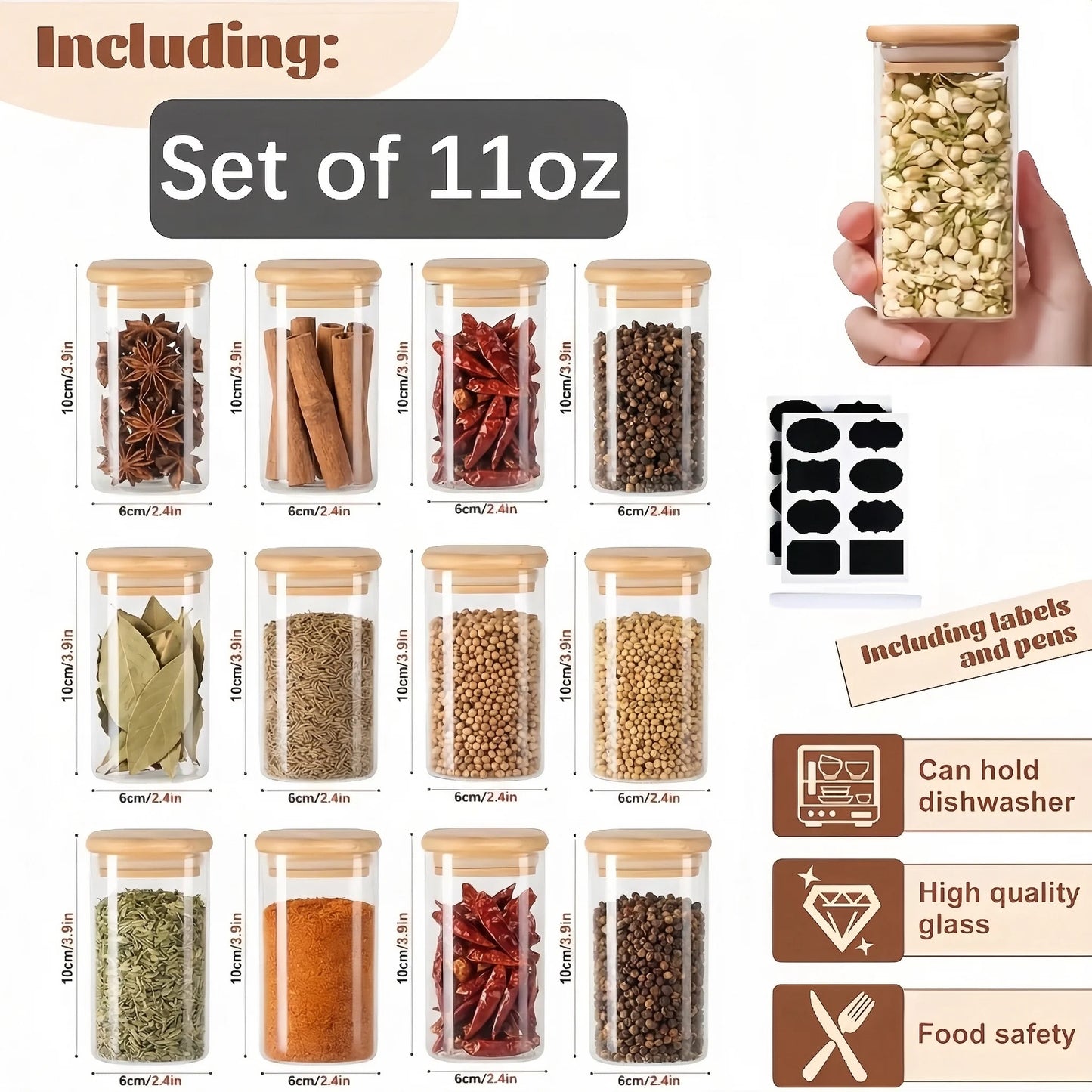 Glass Spice Storage Jar Set, 12 Pieces With Labels