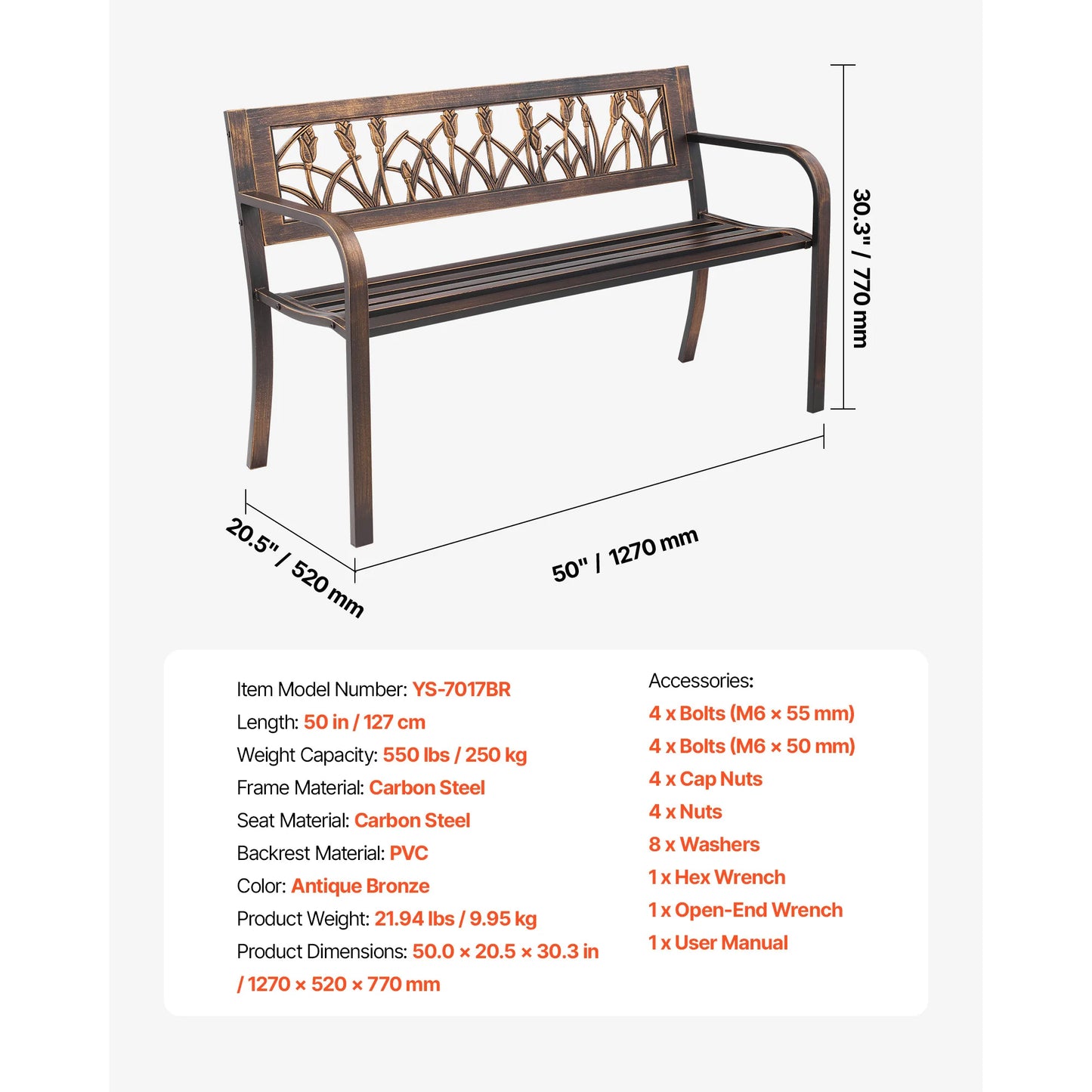 SucceBuy Outdoor Bench Wood Metal Garden Bench Durable