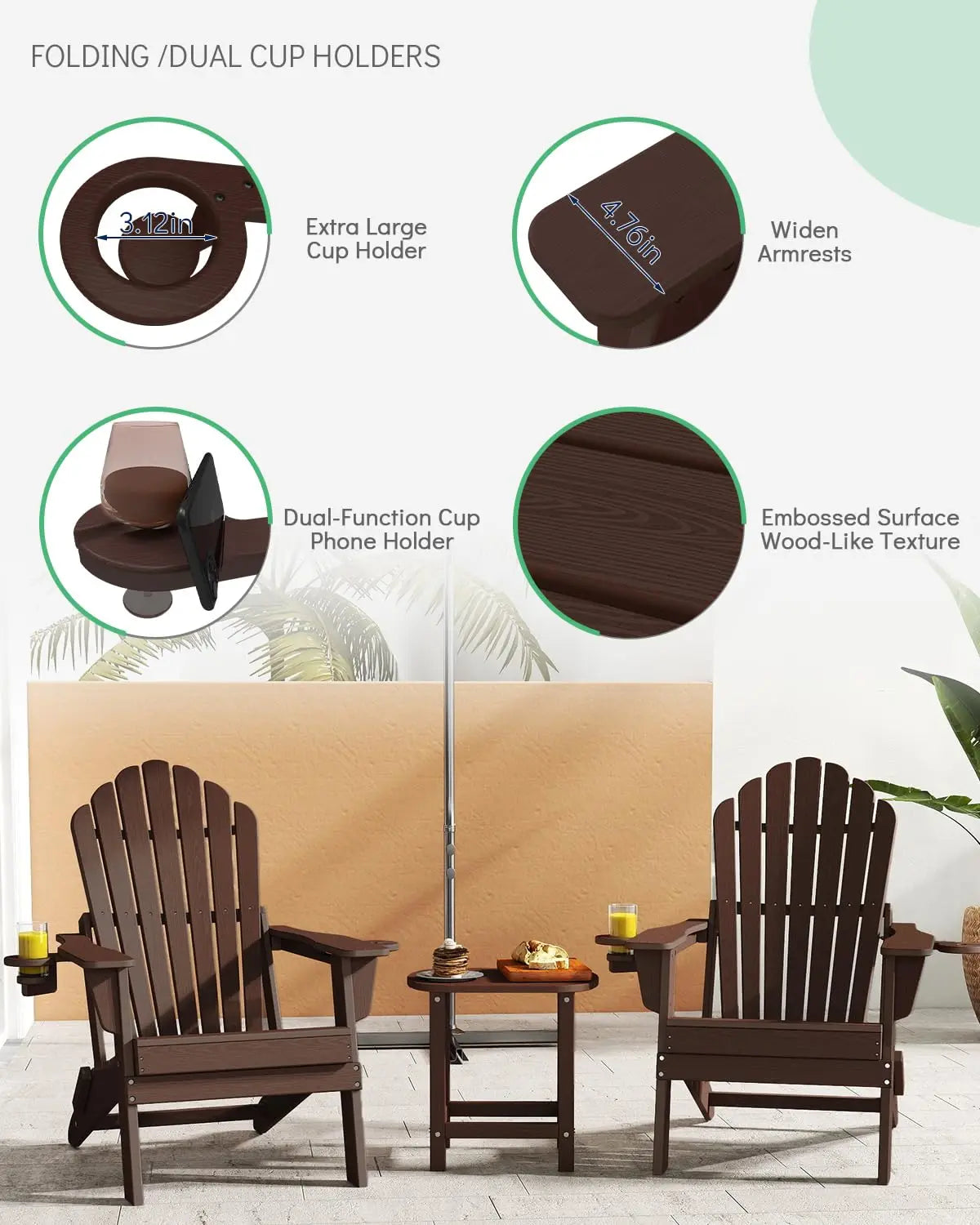 HDPE Folding Adirondack Chair Set 4 High Back Patio Furniture