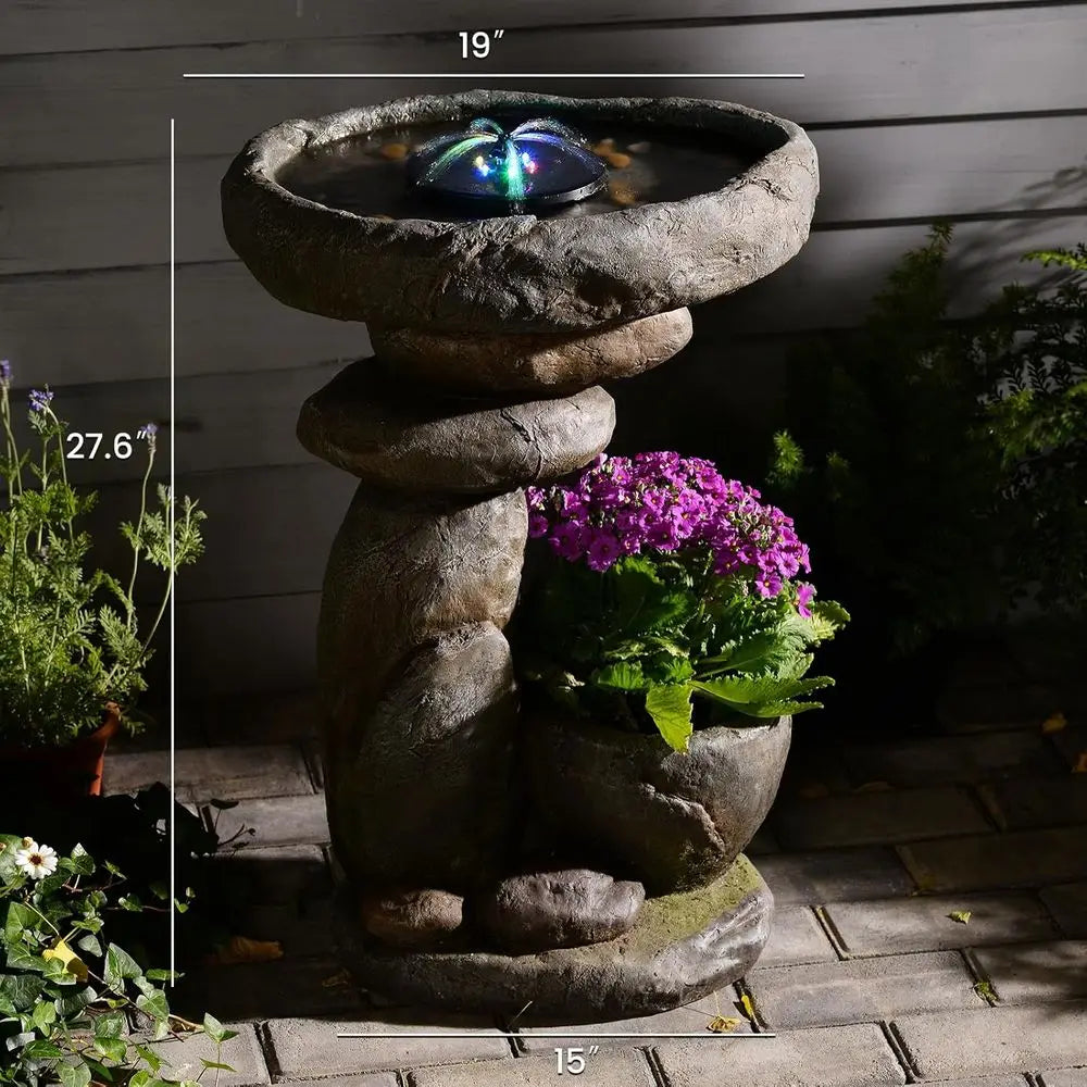 Led Outdoor Water Fountain With Integrated Rock Garden Planter