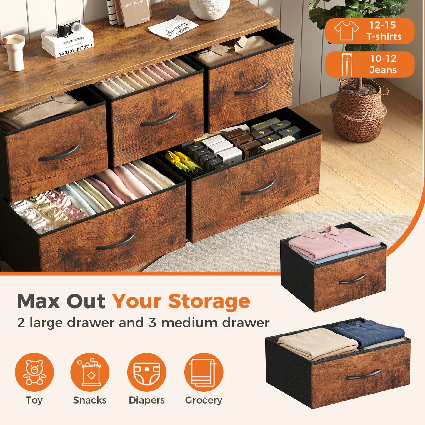 MCQ Five Drawer Fabric Storage Tower Wooden Top Metal Frame
