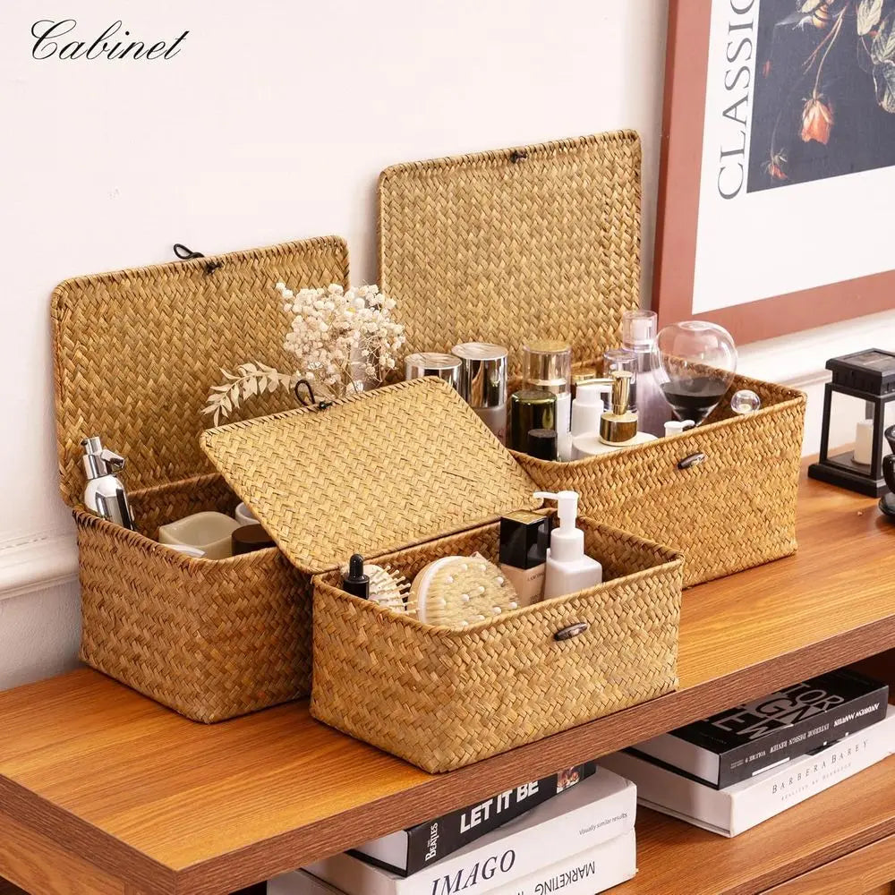 Natural Seagrass Storage Baskets With Lid Three Piece Set