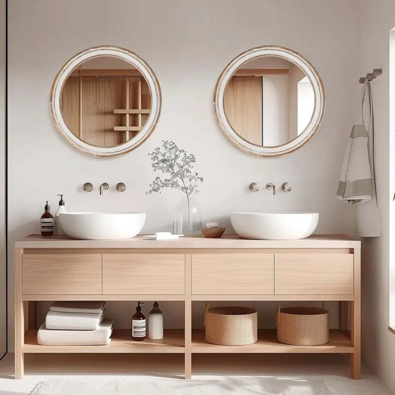 Round Wall Mirror Farmhouse Wood Circle For Bathroom And Hallway