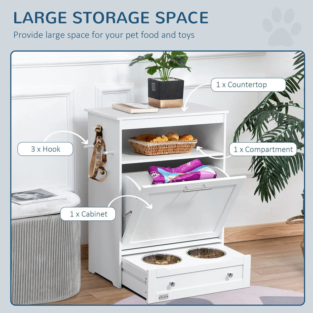 Pet Feeder Station With Storage And Two Raised Dog Bowls