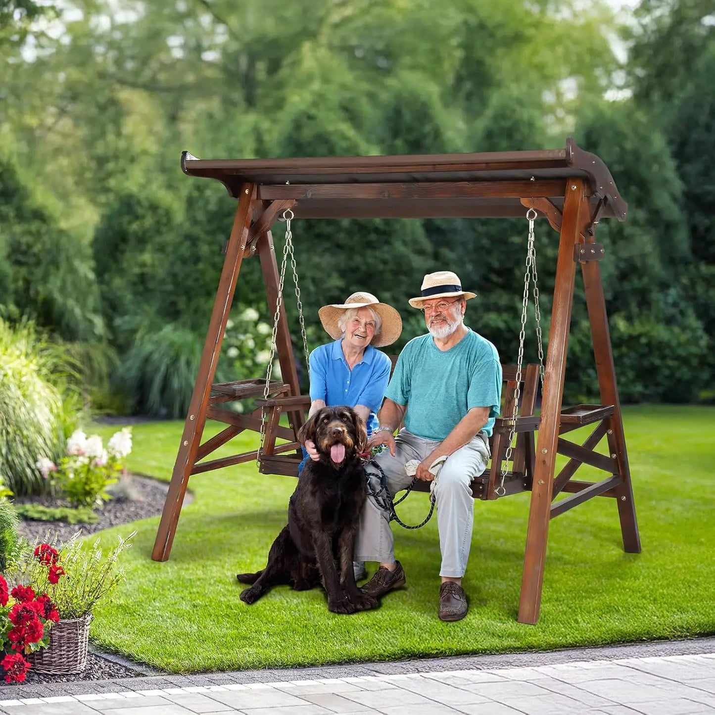 HUANZHUANG Waterproof Outdoor Porch Swing With Canopy Stand Cup Holder