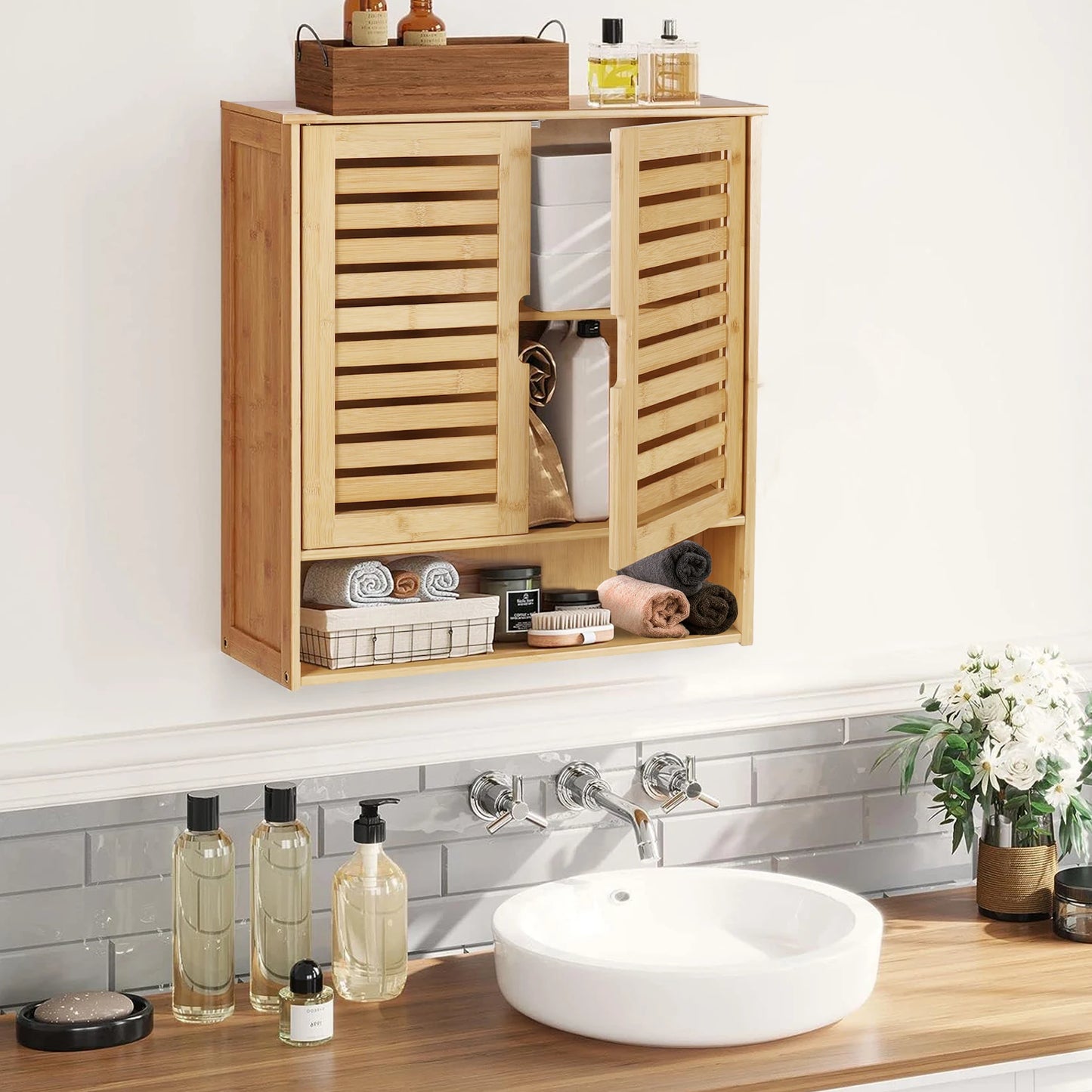 Bamboo Wall Mounted Cabinet With Adjustable Shelves Double Door Medicine Cabinet