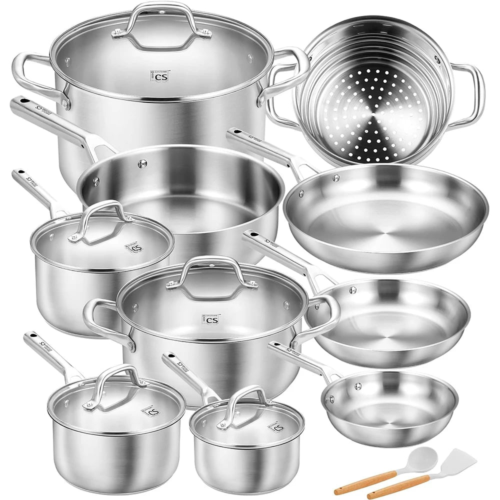 Stainless Steel Cookware Set 17-Piece With 5-Layer Base Induction Safe
