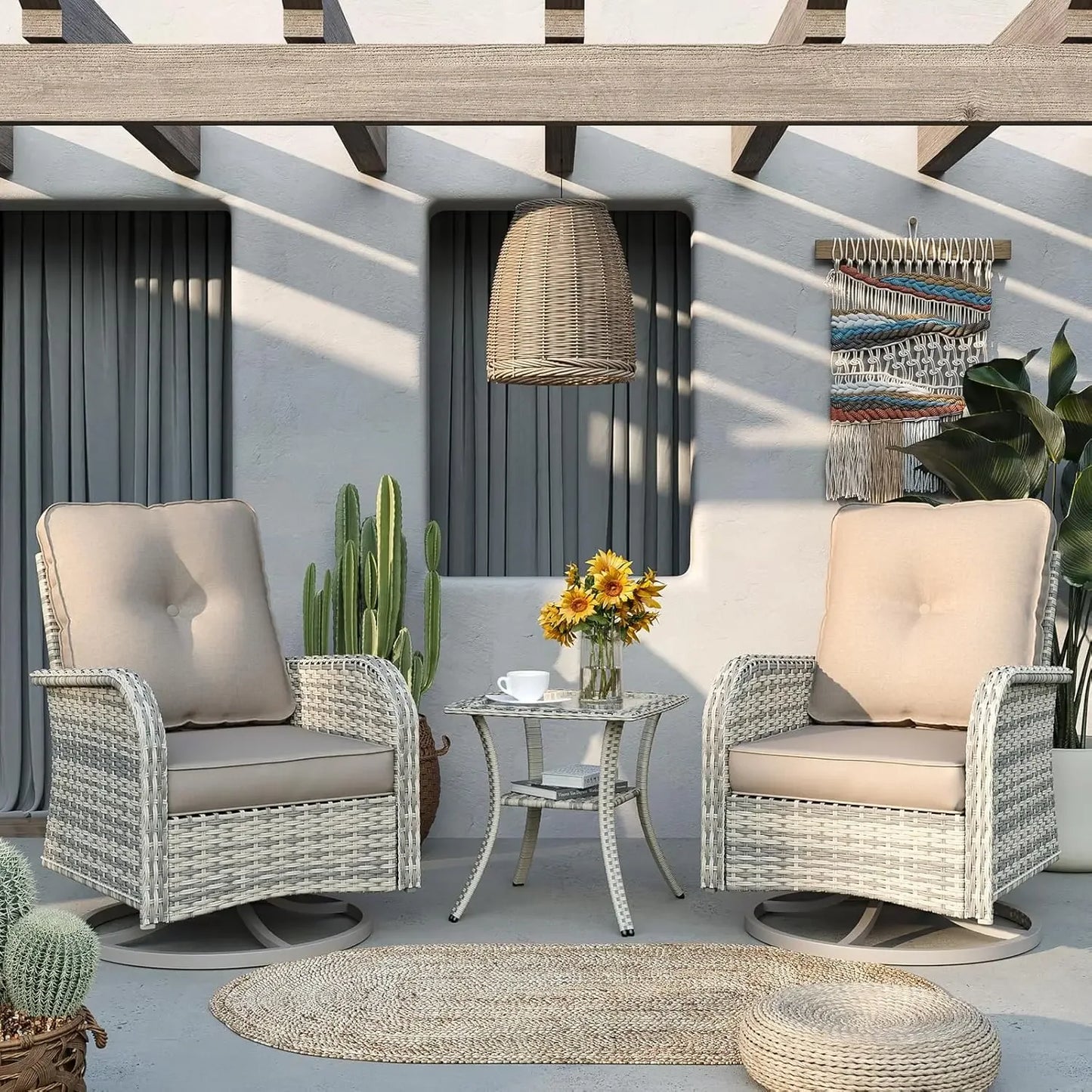 Patio Rocking Swivel Chair With Glass Side Table Outdoor Wicker Set