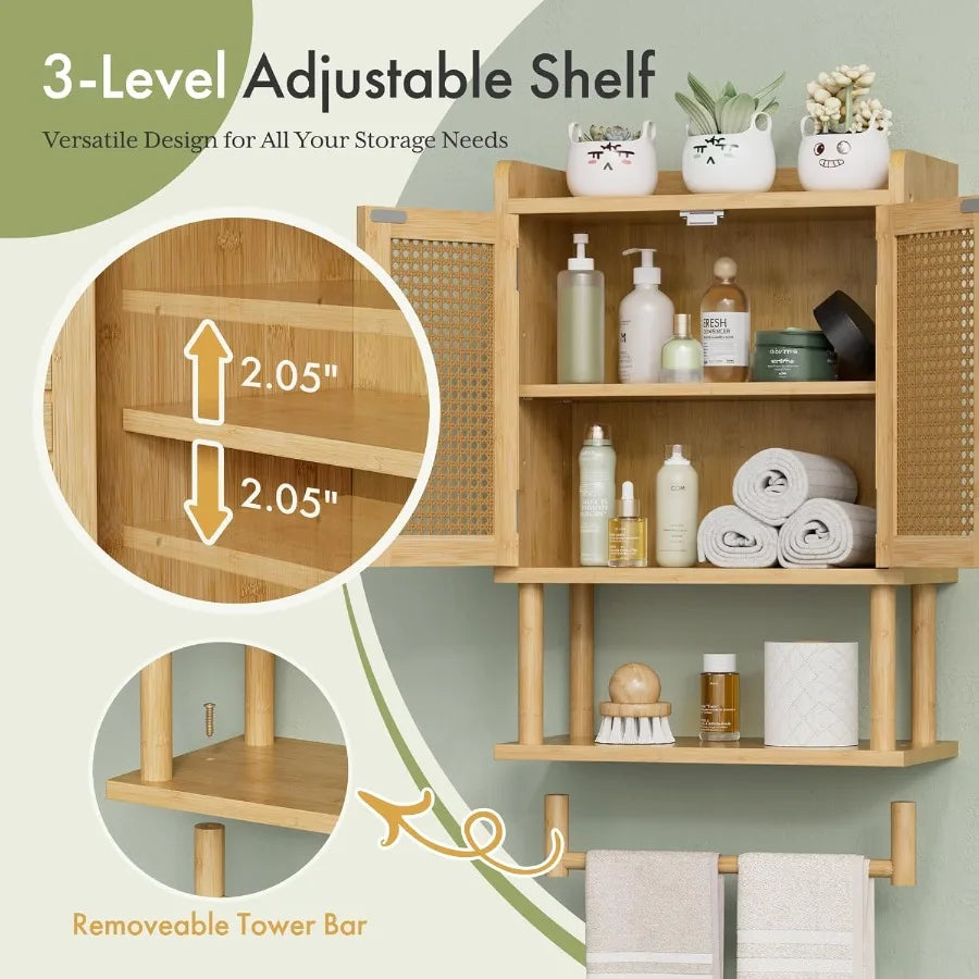 XIUWO Bamboo Bathroom Wall Cabinet With Rattan Door