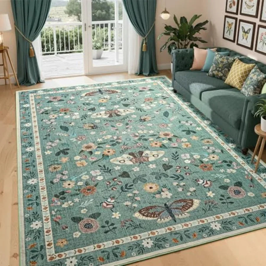 Washable Floral Butterfly Non Slip Area Rug For Living Room